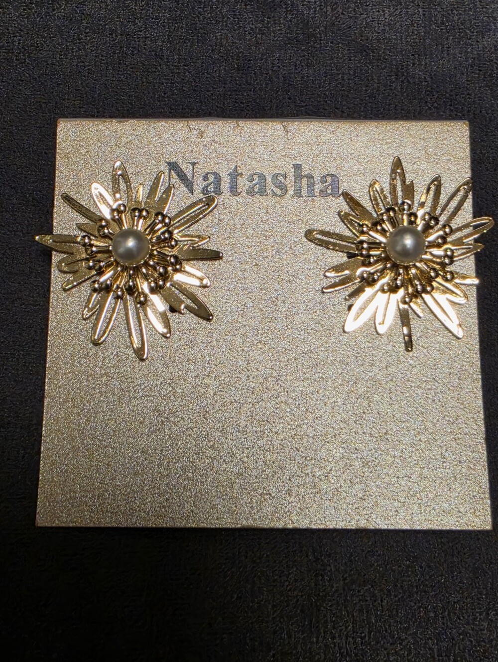 NATASHA Vintage-Style Gold Tone Flower Pearl Accent Sunburst Pierced Earrings